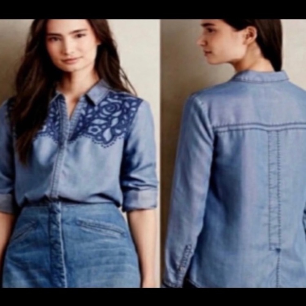 Anthro Women’s Holding Horses Chambray Western Denim Blouse Boho Cowgirl XS - Picture 3 of 9